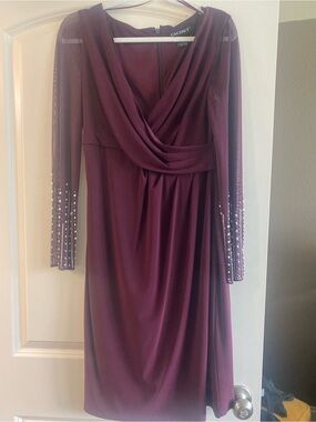 Cachet Wine Long Sleeve Draped Sheath Dress with Beaded Sleeves
